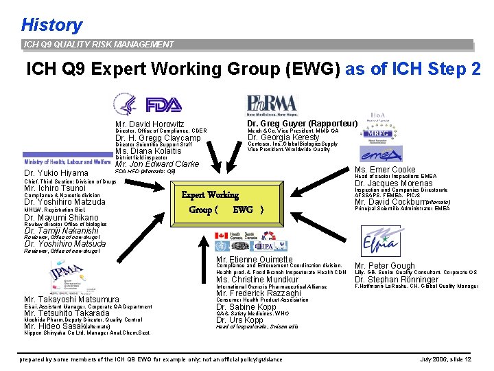 History ICH Q 9 QUALITY RISK MANAGEMENT ICH Q 9 Expert Working Group (EWG)