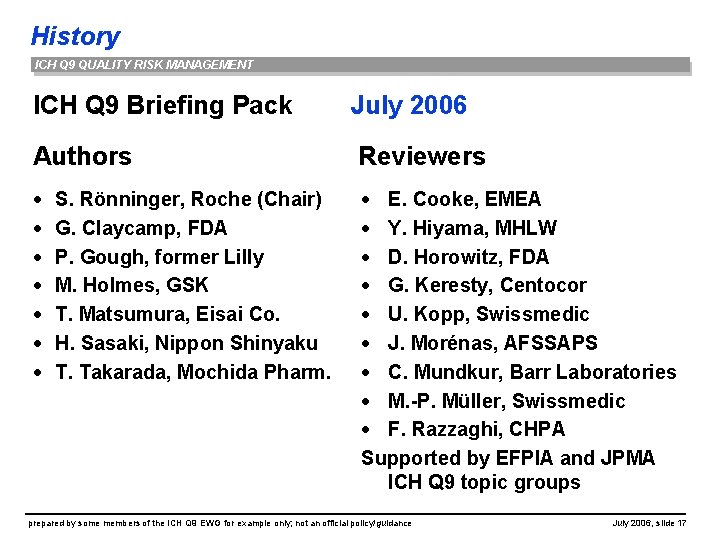 History ICH Q 9 QUALITY RISK MANAGEMENT ICH Q 9 Briefing Pack July 2006