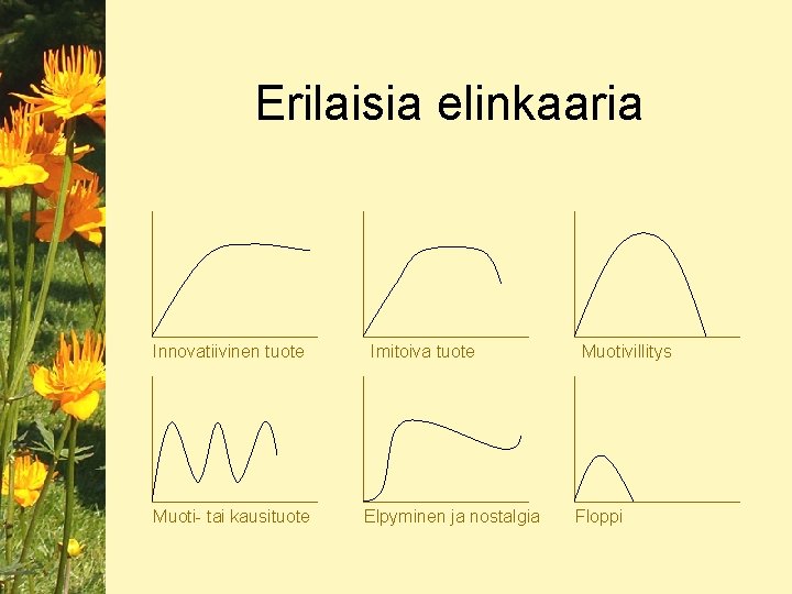 Erilaisia elinkaaria Innovatiivinen tuote Muoti- tai kausituote Imitoiva tuote Elpyminen ja nostalgia Muotivillitys Floppi