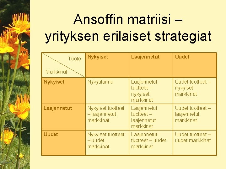 Ansoffin matriisi – yrityksen erilaiset strategiat Nykyiset Laajennetut Uudet Nykyiset Nykytilanne Laajennetut tuotteet –