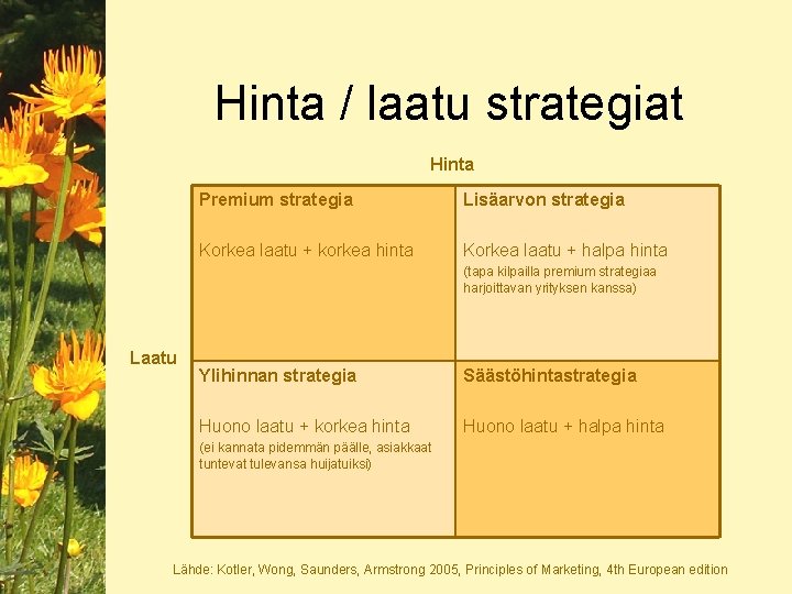 Hinta / laatu strategiat Hinta Premium strategia Lisäarvon strategia Korkea laatu + korkea hinta