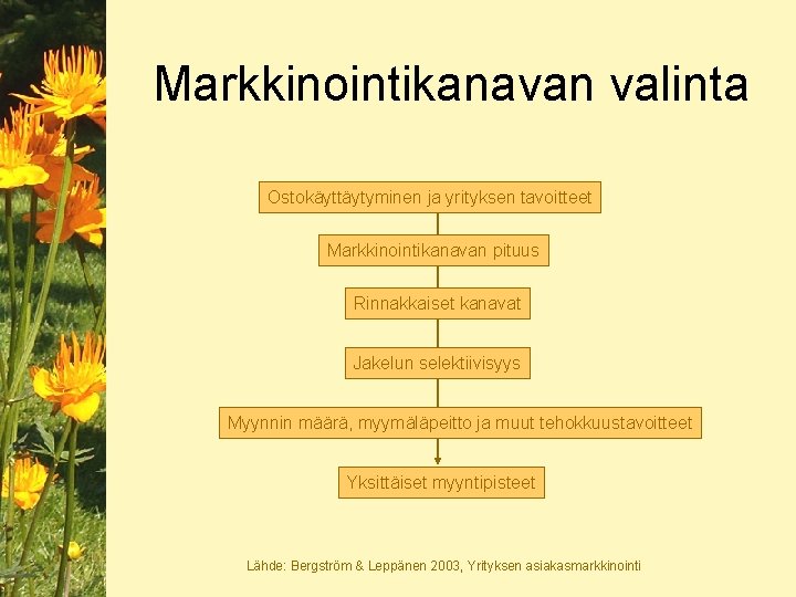 Markkinointikanavan valinta Ostokäyttäytyminen ja yrityksen tavoitteet Markkinointikanavan pituus Rinnakkaiset kanavat Jakelun selektiivisyys Myynnin määrä,