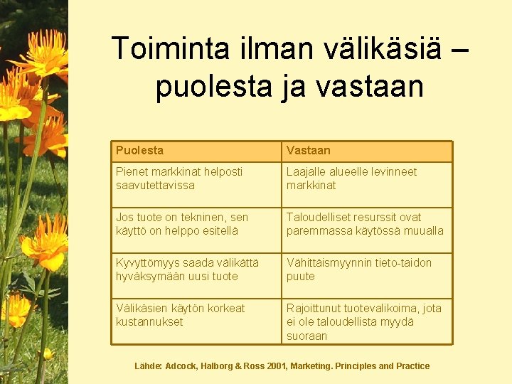 Toiminta ilman välikäsiä – puolesta ja vastaan Puolesta Vastaan Pienet markkinat helposti saavutettavissa Laajalle