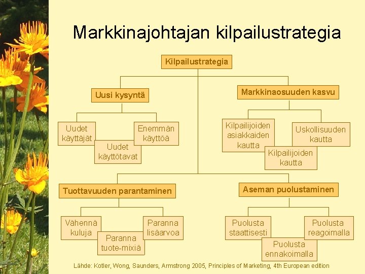 Markkinajohtajan kilpailustrategia Kilpailustrategia Markkinaosuuden kasvu Uusi kysyntä Uudet käyttäjät Uudet käyttötavat Enemmän käyttöä Tuottavuuden