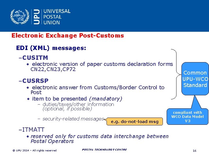 Electronic Exchange Post-Customs EDI (XML) messages: – CUSITM • electronic version of paper customs Electronic Exchange Post-Customs EDI (XML) messages: – CUSITM • electronic version of paper customs