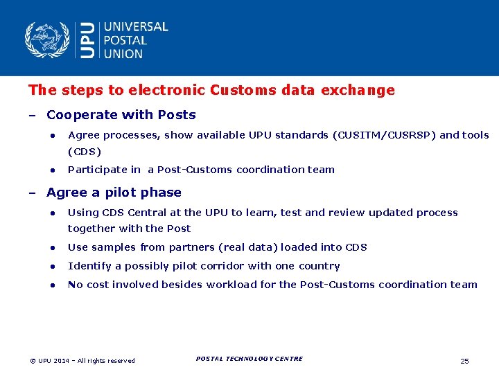 The steps to electronic Customs data exchange – Cooperate with Posts ● Agree processes, The steps to electronic Customs data exchange – Cooperate with Posts ● Agree processes,