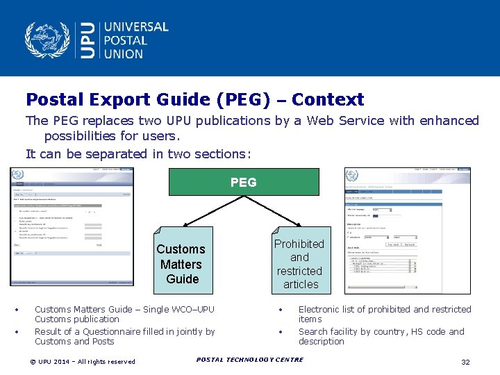 Postal Export Guide (PEG) – Context The PEG replaces two UPU publications by a Postal Export Guide (PEG) – Context The PEG replaces two UPU publications by a