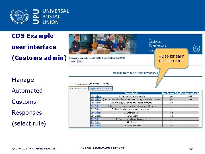 CDS Example user interface Rules for each decision code (Customs admin) Manage Automated Customs CDS Example user interface Rules for each decision code (Customs admin) Manage Automated Customs