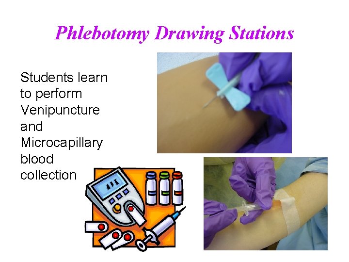 Phlebotomy Drawing Stations Students learn to perform Venipuncture and Microcapillary blood collection 