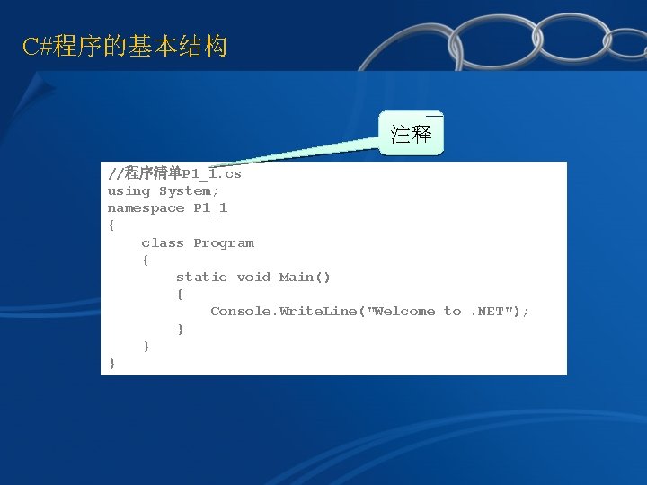 C#程序的基本结构 注释 //程序清单P 1_1. cs using System; namespace P 1_1 { class Program {