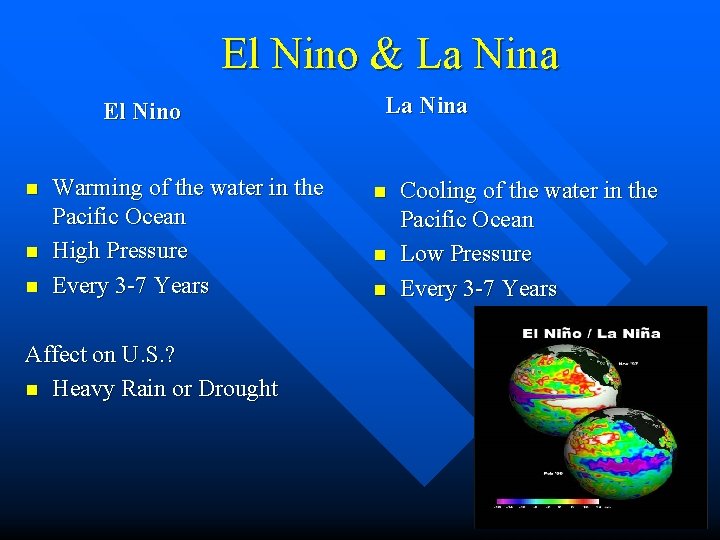 El Nino & La Nina El Nino n n n Warming of the water El Nino & La Nina El Nino n n n Warming of the water