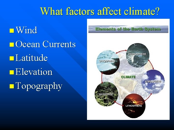 What factors affect climate? n Wind n Ocean Currents n Latitude n Elevation n