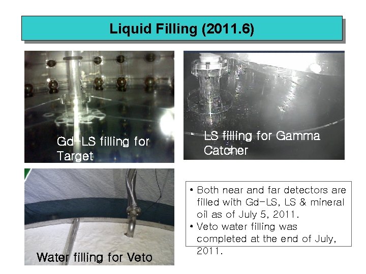 Liquid Filling (2011. 6) Gd-LS filling for Target Water filling for Veto LS filling