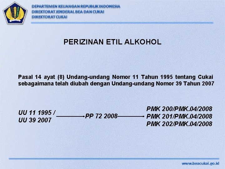 PERIZINAN ETIL ALKOHOL Pasal 14 ayat (8) Undang-undang Nomor 11 Tahun 1995 tentang Cukai