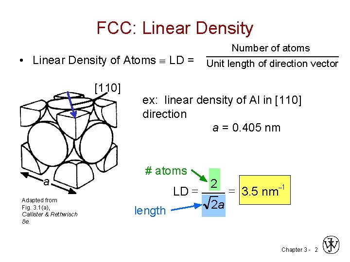 FCC: Linear Density Number of atoms • Linear Density of Atoms LD = Unit