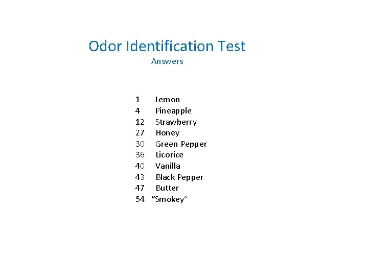 Odor Identification Test Answers 1 Lemon 4 Pineapple 12 Strawberry 27 Honey 30 Green