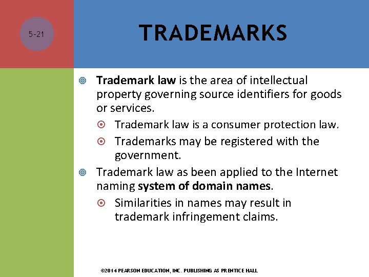 TRADEMARKS 5 -21 Trademark law is the area of intellectual property governing source identifiers TRADEMARKS 5 -21 Trademark law is the area of intellectual property governing source identifiers
