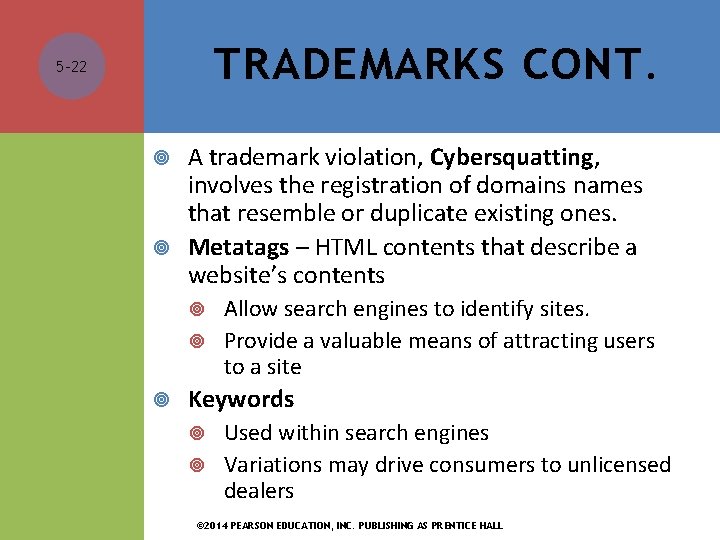 TRADEMARKS CONT. 5 -22 A trademark violation, Cybersquatting, involves the registration of domains names TRADEMARKS CONT. 5 -22 A trademark violation, Cybersquatting, involves the registration of domains names