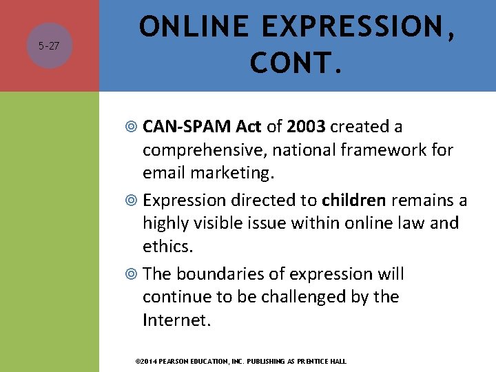5 -27 ONLINE EXPRESSION, CONT. CAN-SPAM Act of 2003 created a comprehensive, national framework 5 -27 ONLINE EXPRESSION, CONT. CAN-SPAM Act of 2003 created a comprehensive, national framework