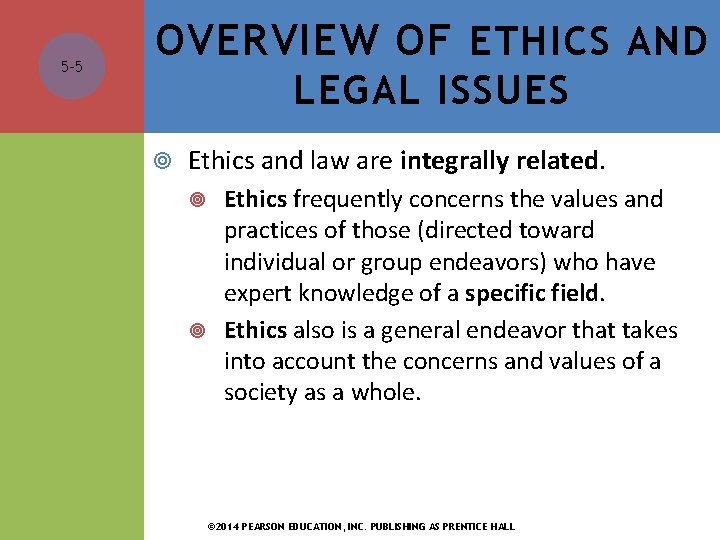 5 -5 OVERVIEW OF ETHICS AND LEGAL ISSUES Ethics and law are integrally related. 5 -5 OVERVIEW OF ETHICS AND LEGAL ISSUES Ethics and law are integrally related.