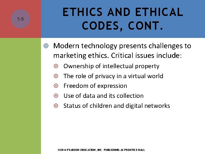 ETHICS AND ETHICAL CODES, CONT. 5 -8 Modern technology presents challenges to marketing ethics. ETHICS AND ETHICAL CODES, CONT. 5 -8 Modern technology presents challenges to marketing ethics.