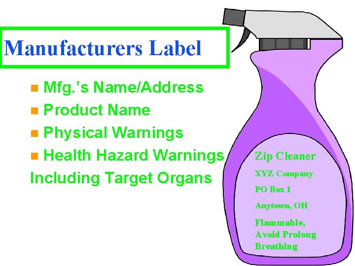 Manufacturers Label Mfg. ’s Name/Address n Product Name n Physical Warnings n Health Hazard