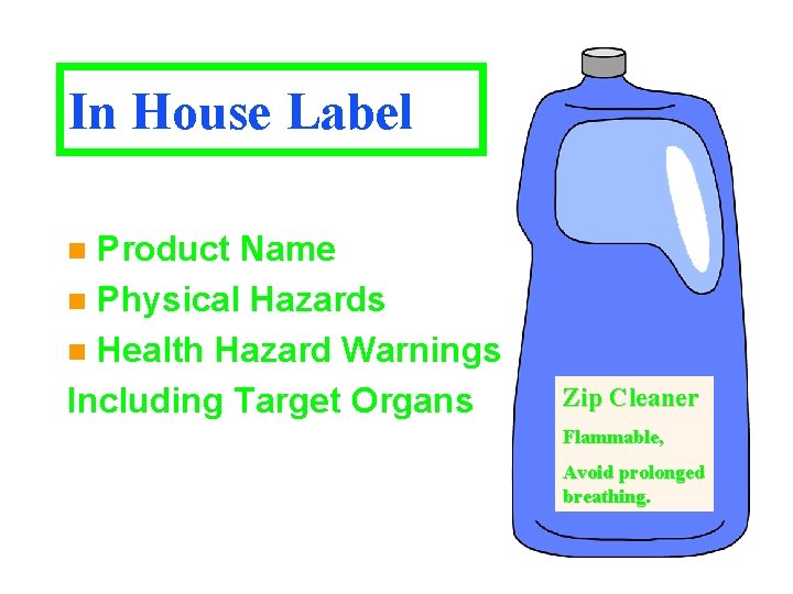 In House Label Product Name n Physical Hazards n Health Hazard Warnings Including Target