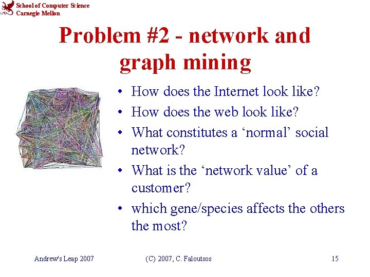 School of Computer Science Carnegie Mellon Problem #2 - network and graph mining •