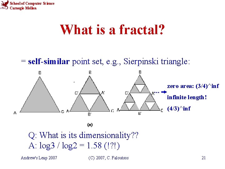 School of Computer Science Carnegie Mellon What is a fractal? = self-similar point set,