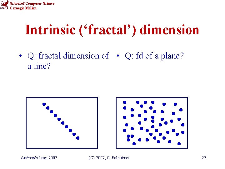 School of Computer Science Carnegie Mellon Intrinsic (‘fractal’) dimension • Q: fractal dimension of