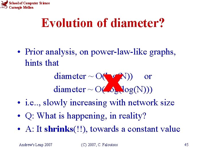 School of Computer Science Carnegie Mellon Evolution of diameter? • Prior analysis, on power-law-like