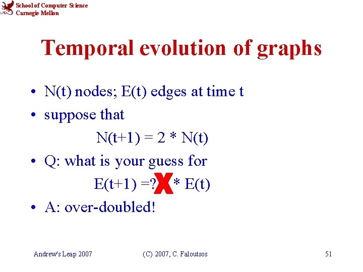 School of Computer Science Carnegie Mellon Temporal evolution of graphs • N(t) nodes; E(t)