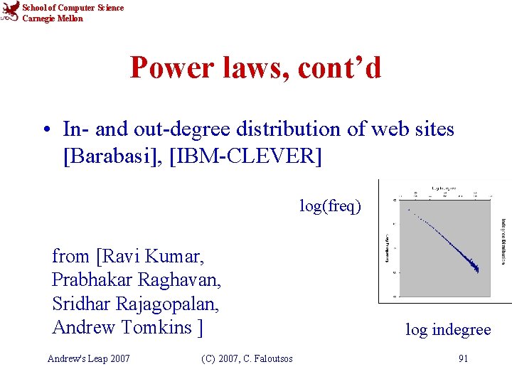 School of Computer Science Carnegie Mellon Power laws, cont’d • In- and out-degree distribution