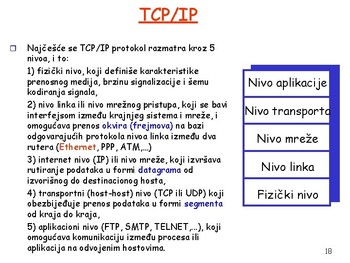TCP/IP r Najčešće se TCP/IP protokol razmatra kroz 5 nivoa, i to: 1) fizički