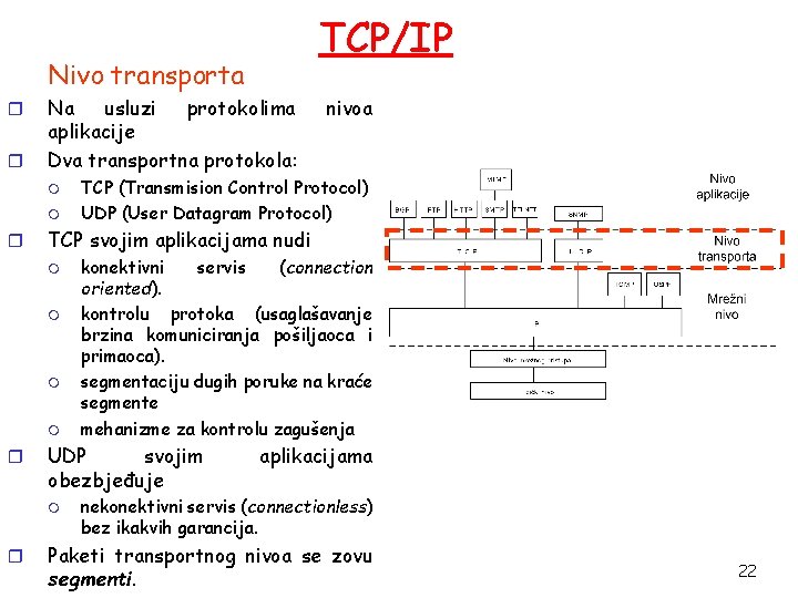 TCP/IP Nivo transporta r r Na usluzi protokolima aplikacije Dva transportna protokola: m m