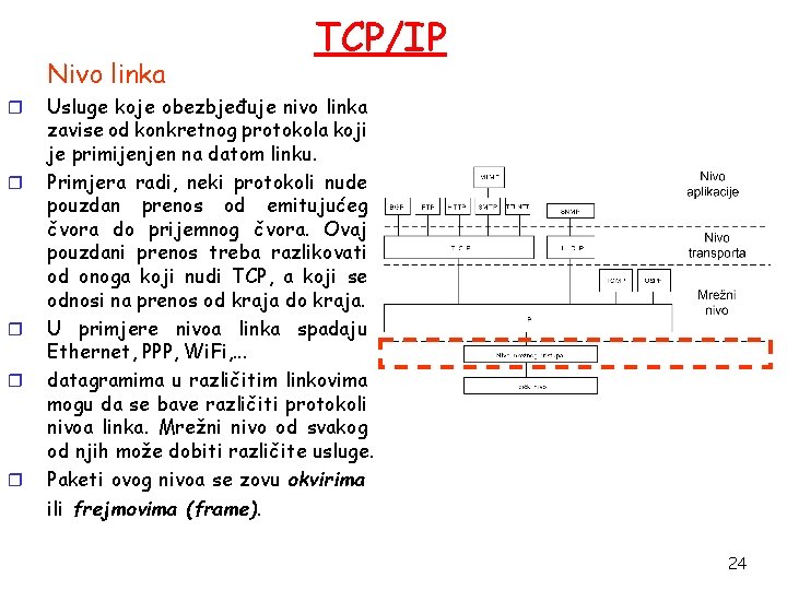 Nivo linka r r r TCP/IP Usluge koje obezbjeđuje nivo linka zavise od konkretnog