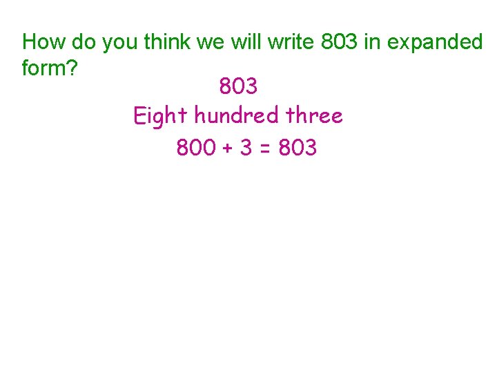 How do you think we will write 803 in expanded form? 803 Eight hundred