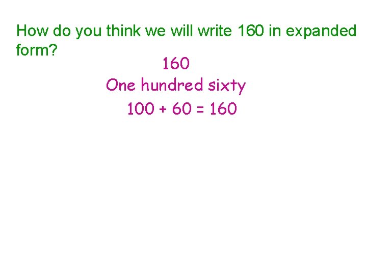 How do you think we will write 160 in expanded form? 160 One hundred