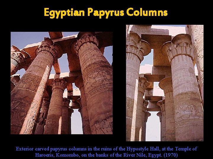Egyptian Papyrus Columns Exterior carved papyrus columns in the ruins of the Hypostyle Hall,