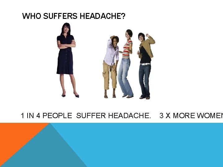 WHO SUFFERS HEADACHE? 1 IN 4 PEOPLE SUFFER HEADACHE. 3 X MORE WOMEN 