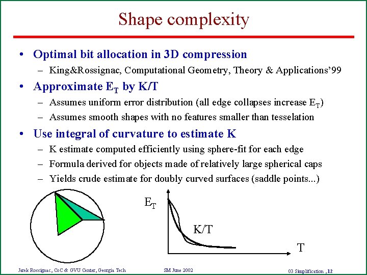 Shape complexity • Optimal bit allocation in 3 D compression – King&Rossignac, Computational Geometry,