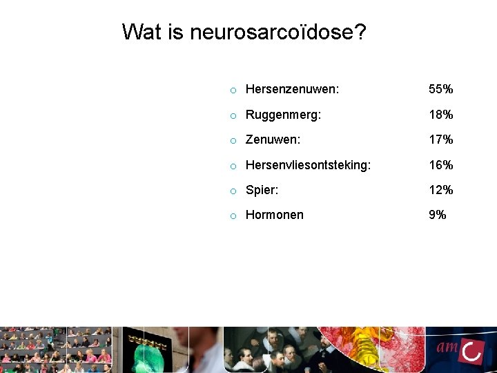 Wat is neurosarcoïdose? o Hersenzenuwen: 55% o Ruggenmerg: 18% o Zenuwen: 17% o Hersenvliesontsteking: