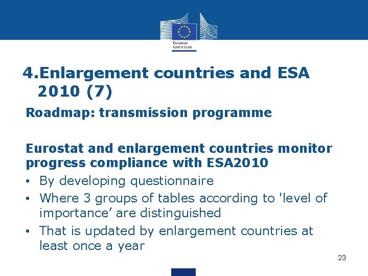 4. Enlargement countries and ESA 2010 (7) Roadmap: transmission programme Eurostat and enlargement countries