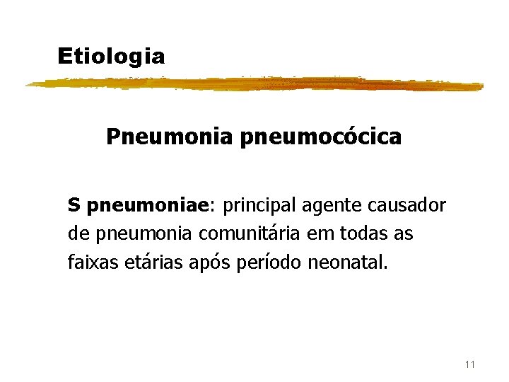 Etiologia Pneumonia pneumocócica S pneumoniae: principal agente causador de pneumonia comunitária em todas as