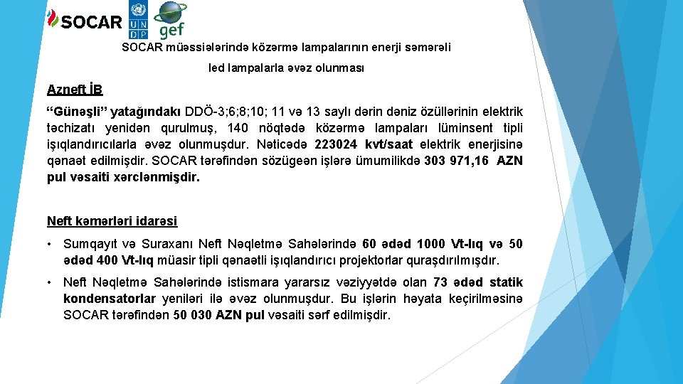 SOCAR müəssiələrində közərmə lampalarının enerji səmərəli led lampalarla əvəz olunması Azneft İB “Günəşli” yatağındakı