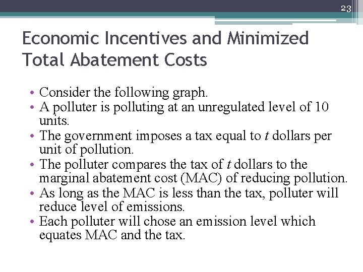 23 Economic Incentives and Minimized Total Abatement Costs • Consider the following graph. •