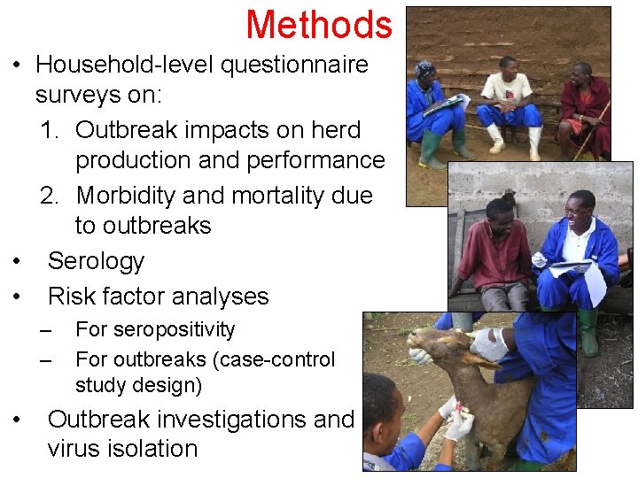 Methods • Household-level questionnaire surveys on: 1. Outbreak impacts on herd production and performance