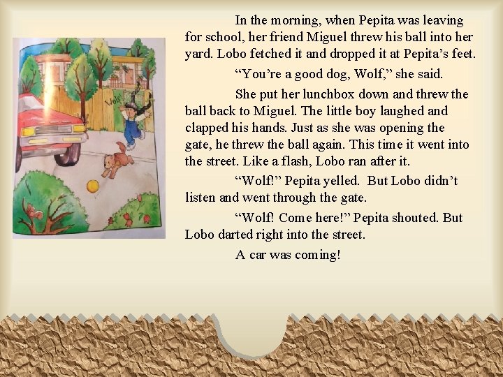 In the morning, when Pepita was leaving for school, her friend Miguel threw his