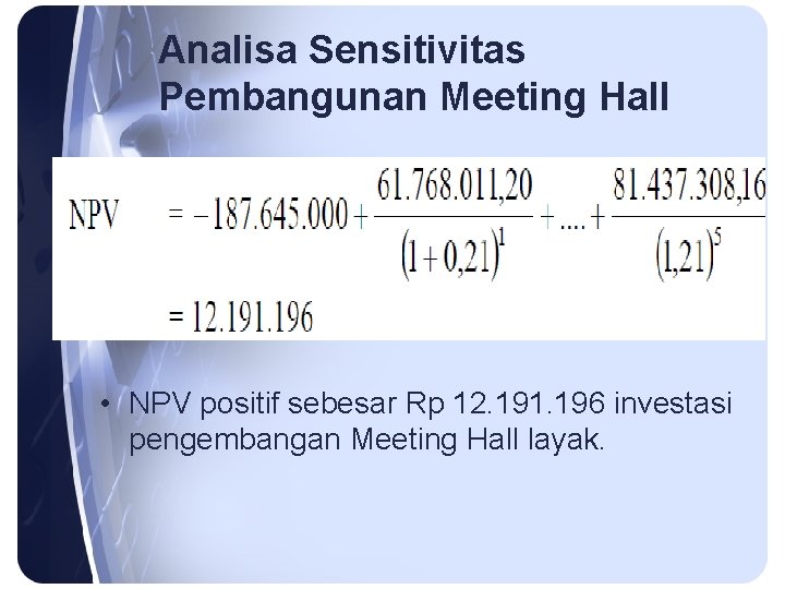 Analisa Sensitivitas Pembangunan Meeting Hall • NPV positif sebesar Rp 12. 191. 196 investasi