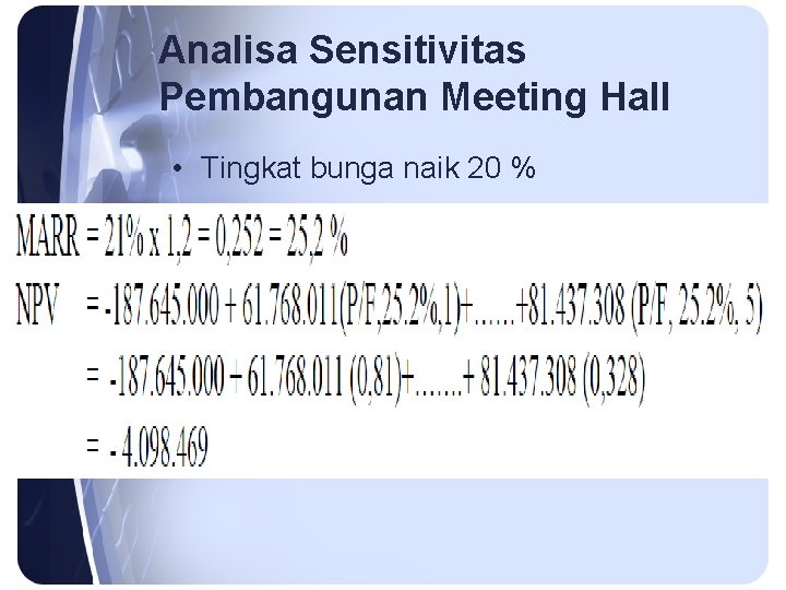 Analisa Sensitivitas Pembangunan Meeting Hall • Tingkat bunga naik 20 % 